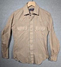 VTG Levis Big E Pearl Snap Long Shirt Mens S Beige Plaid Western 70's White Tab
