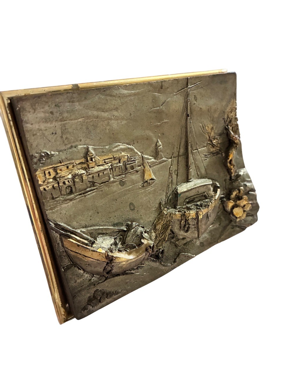 Vtg Silver ARG 925 3D Relief Picture Beached Sailboats Middle Eastern Houses 5x4