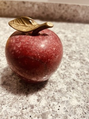 Red  Marble  Apple w Brass Stem Leaf Paperweight *has faint engraving on it