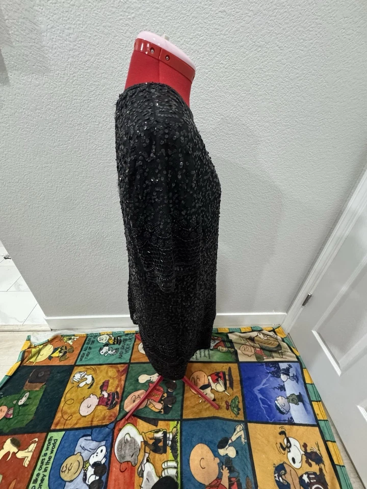 VTG Brilliante by J.A. 80s 90Black Beaded Flap Shoulder Padded 100% Silk Dress M - Image 3 of 4