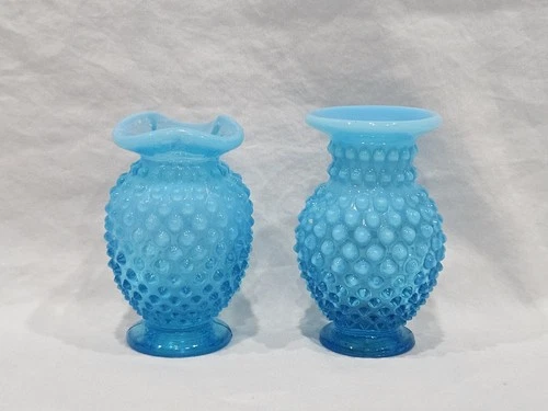 Vintage Fenton Blue Opalescent Hobnail Glass Vase Set 4" Ruffled & Straight