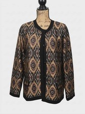 EXCLUSIVELY MISOOK Black Purple Tan Metallic Ikat Damask Cardigan Jacket L 14/16