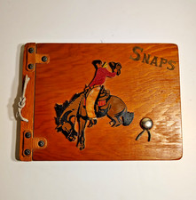 1940  s Cowboy Brady Snaps Wooden Photo Scrap Album Pyrography Leather Tie Bound
