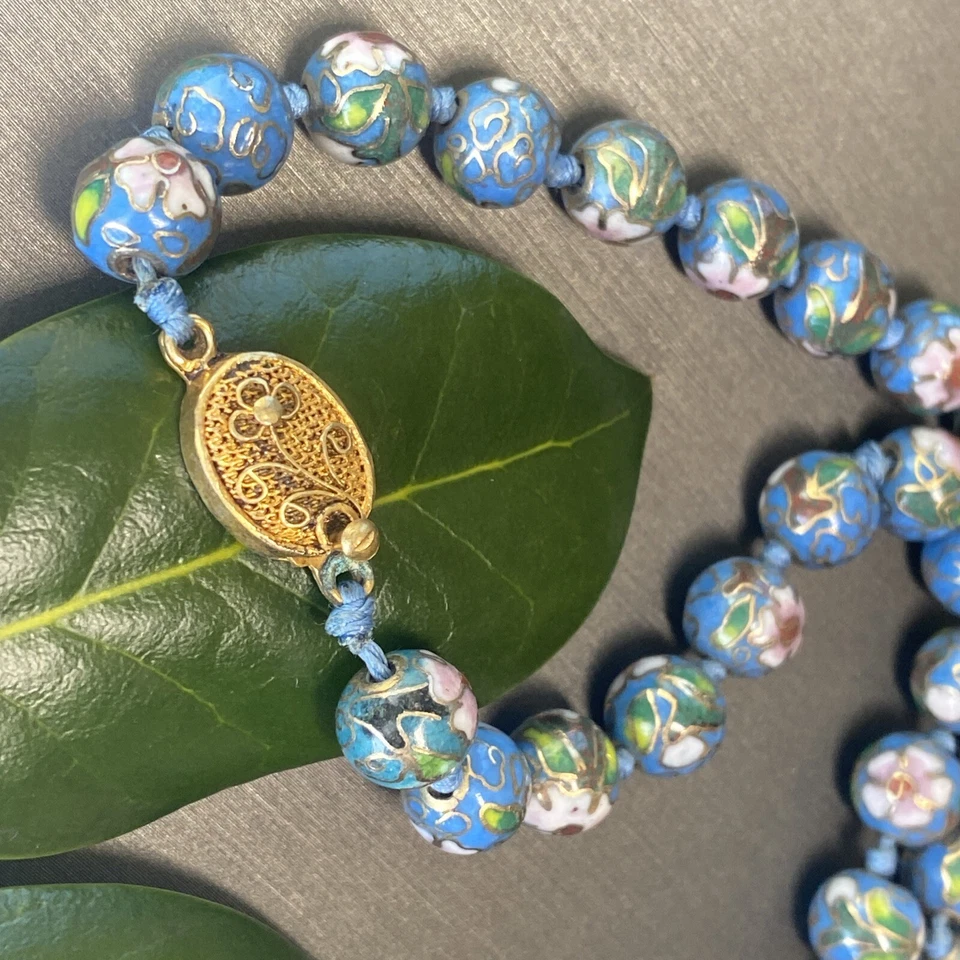 Colar vintage esmalte cloisonne fecho filigrana Vermeil floral contas chinesas antigas - Imagem 3 de 4