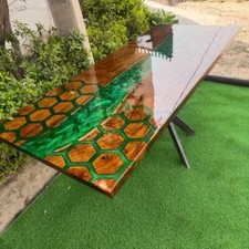Hexagon Honeycomb Green Epoxy Table Top Handmade Dining & Coffee Table Decors