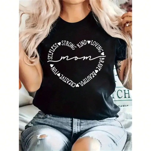 Women's Mom Letter Printed T-shirt - Short Sleeve Round Neck, Breathable Top - Picture 12 of 13