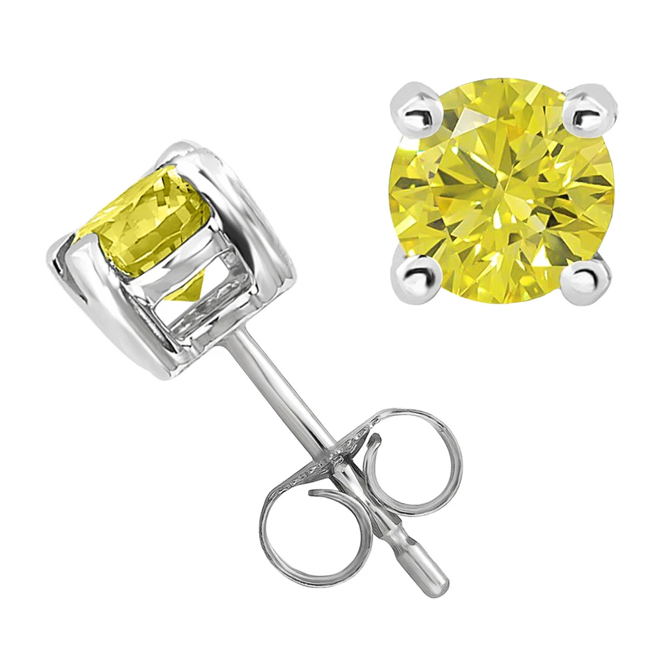 0.17 CT Round SI2 Yellow Diamond Earrings 14K White Gold — 第 2/2 张图片