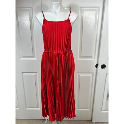 sam edelman satin plisse dress Sam Edelman Hammered Satin Plisse Dress Red/Coral Tie Waist Pleated Large