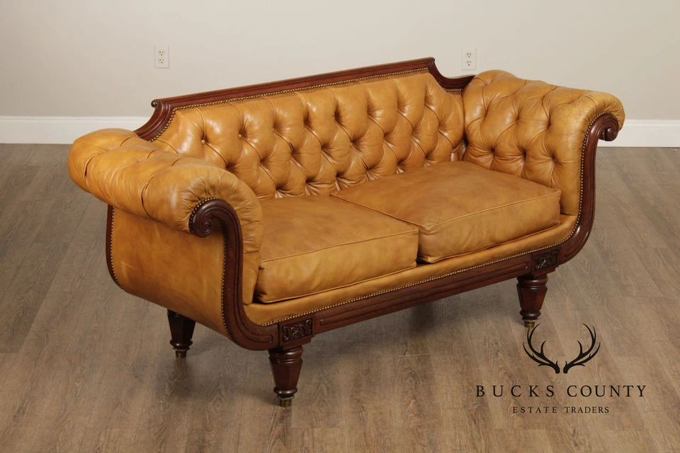 Antique English Regency Mahogany and Tufted Leather Sofa - Image 2 of 4