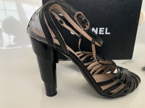CHANEL 8.5 39.5 Black Patent Leather PVC Strappy High Heels Orsay Sandals Pumps - Picture 2 of 12
