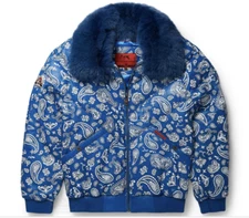 BrandNew Men's V-Bomber Leather & Goose Down Jacket With Real Fox Fur, Paisley