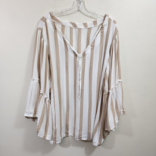Maurices khaki stripe 3/4 flutter sleeve lightweight blouse woman's size 2X - Picture 4 of 10