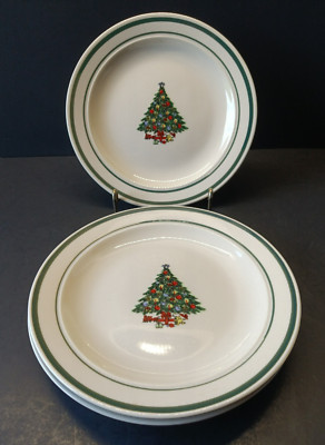 Stoneware Dessert Plates Beige With Christmas Tree And Green Trim Set Of 3