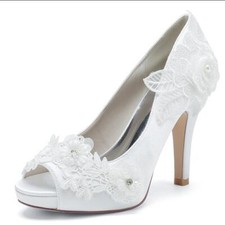 Womens Satin Peep Toe Embroidery Flower Platform High Heel Wedding Pump Shoes