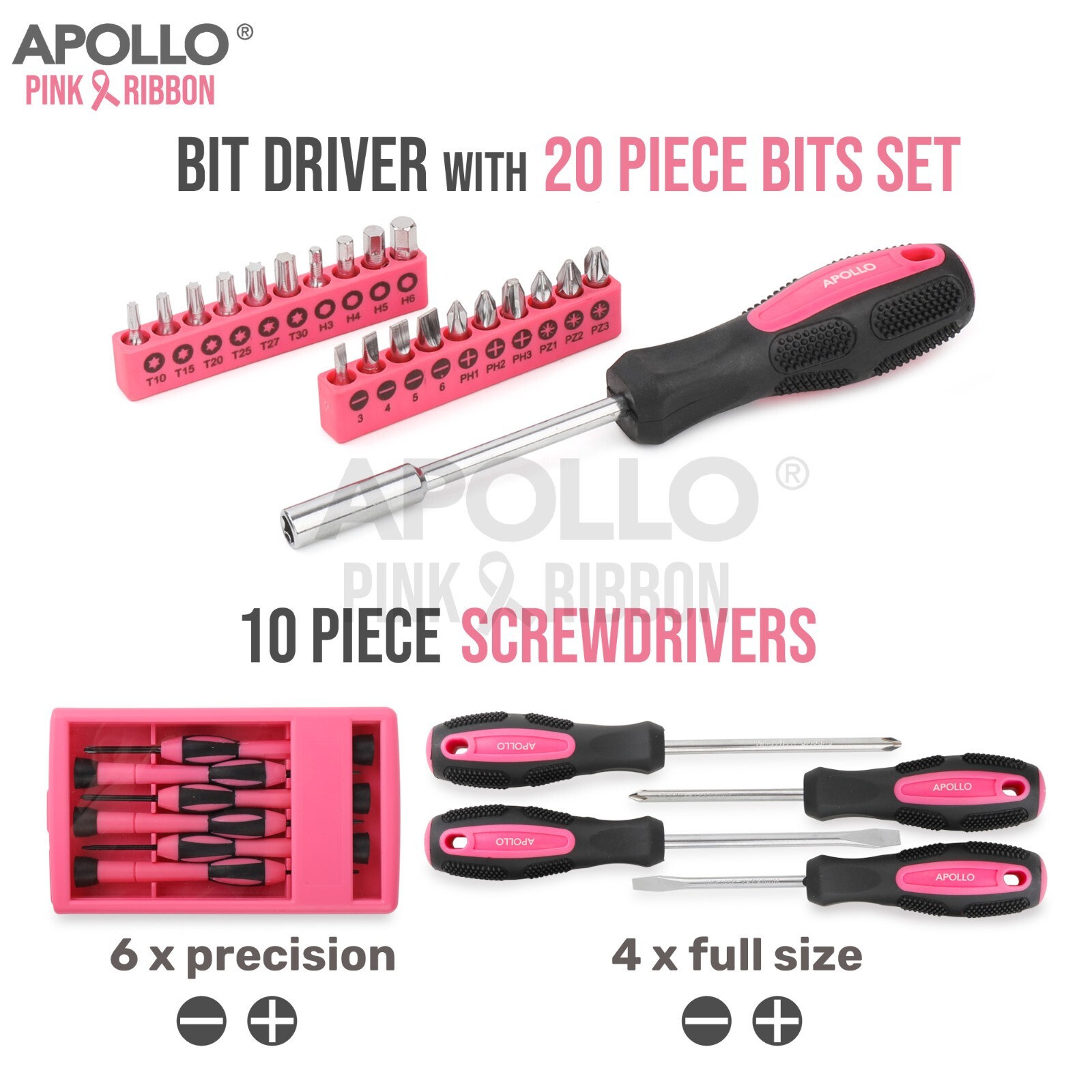 Apollo 170pc Pink Tool Kit individual tools close up