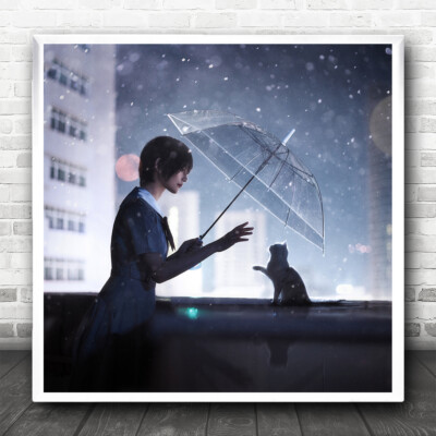 Bokeh Streichelkatze Cartoon Regenschirm quadratischer Wandkunstdruck