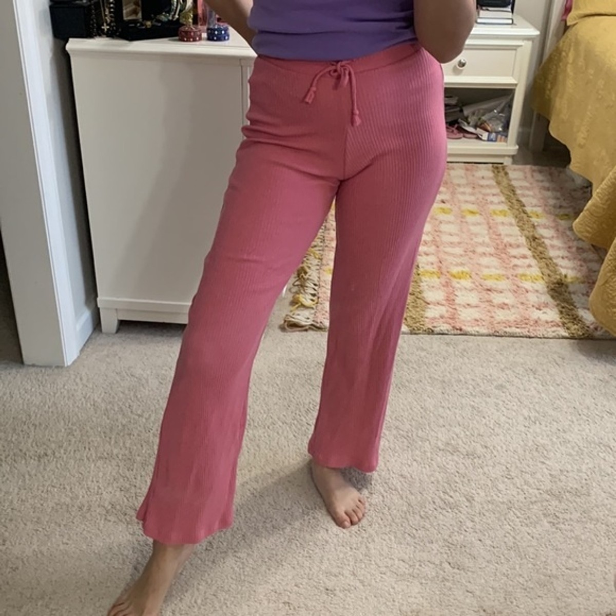 Zara Pants S Wide Leg Pink Ribbed High Rise Flare Drawstring