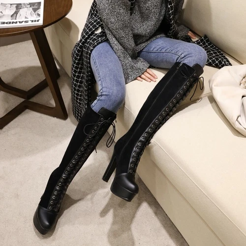 Womens Knee High Boots High Block Platform Heels Round Toe Lace Up Zipper Shoes - Picture 12 of 16