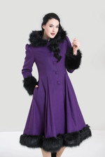 Hell Bunny Elvira Purple Black Faux Fur Vintage Statement Swing Coat - Xs / Uk 8