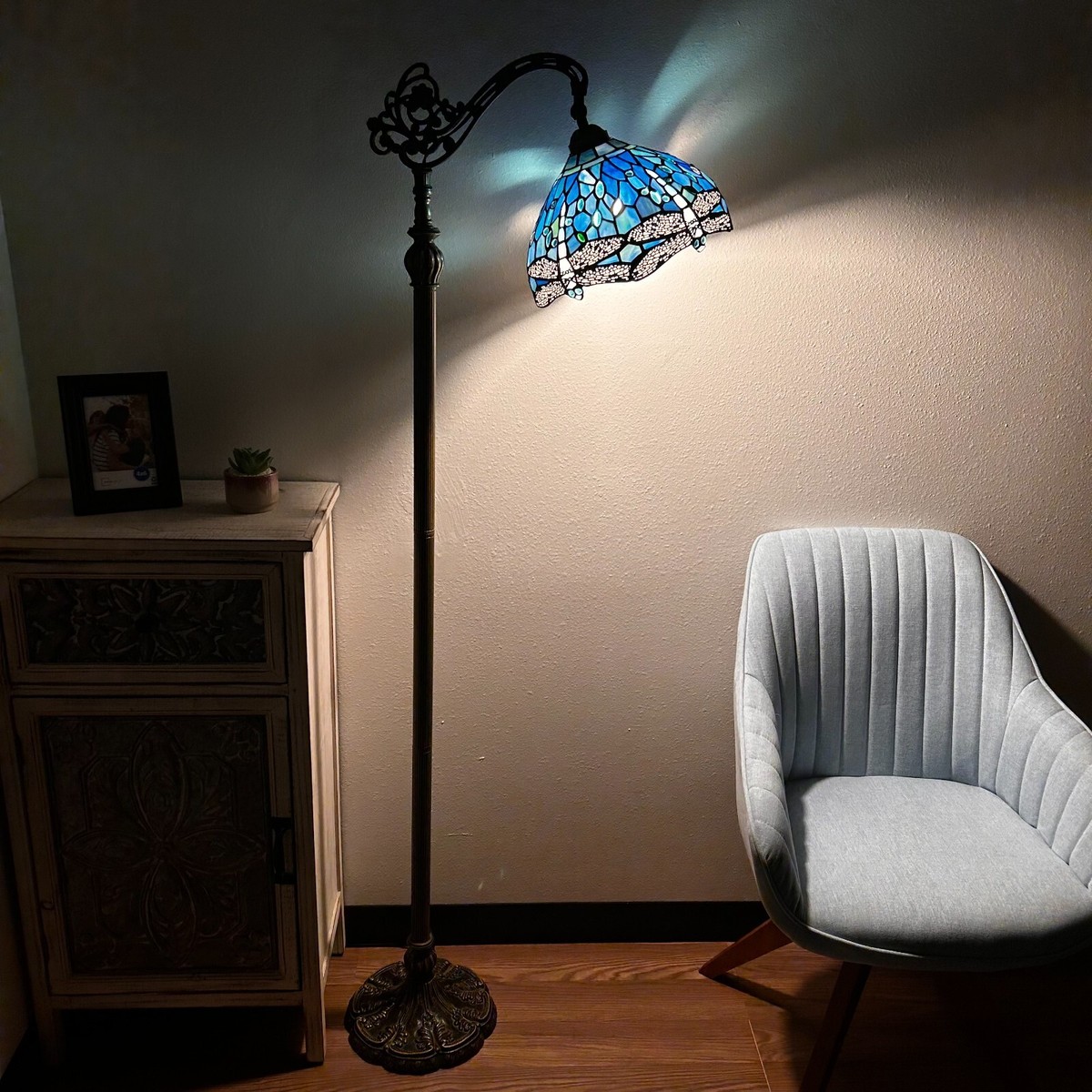 Tiffany Style Floor Lamp Blue Stained Glass Dragonfly Gooseneck