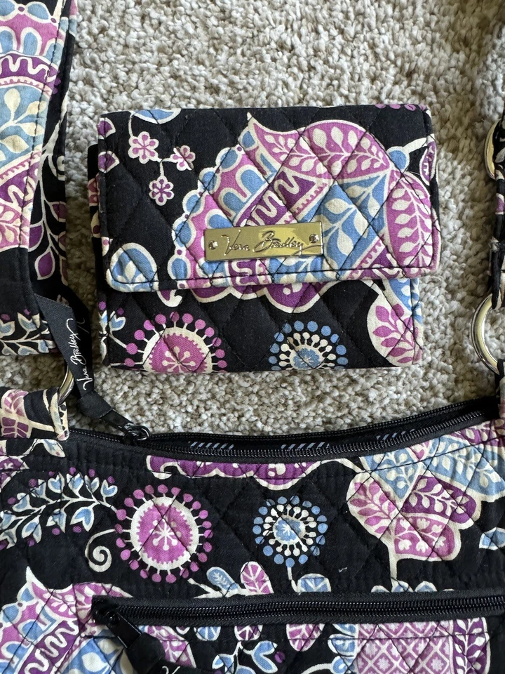 Bolso Cartera Vera Bradley Correa para el Hombro Tela + Cartera Negro + Lavanda Floral 11X11 Foto 2 de 4