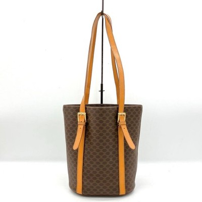 CELINE Macadam Shoulder Tote Bag Dark Brown PVC Leather Bucket Auth FromJAPAN