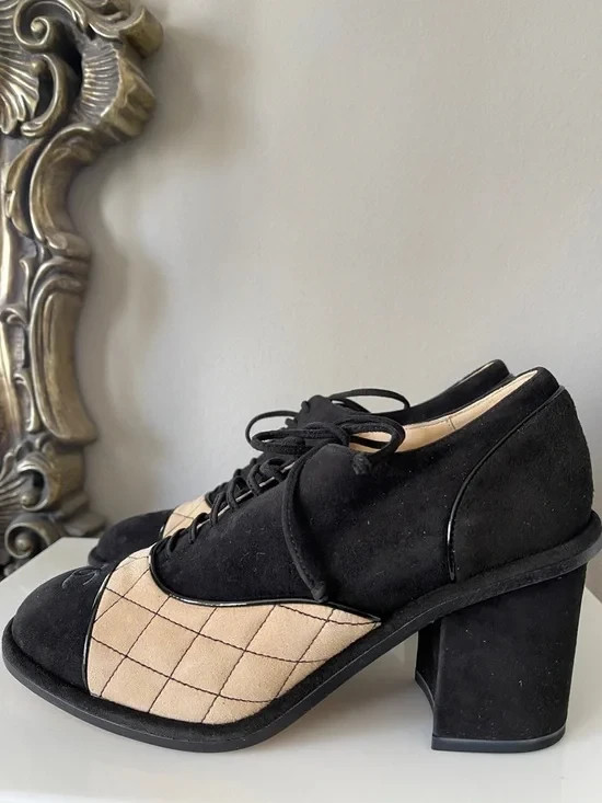 NIB Chanel Goatskin Black and Beige CC Lace-Ups Shoes Booties block heel image 3