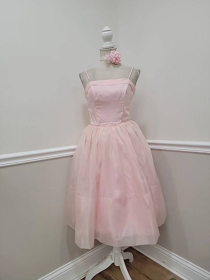 VTG 1950s Mid-Century Pink Chiffon/Cupcake Prom Party Dress  - Image 3 of 4