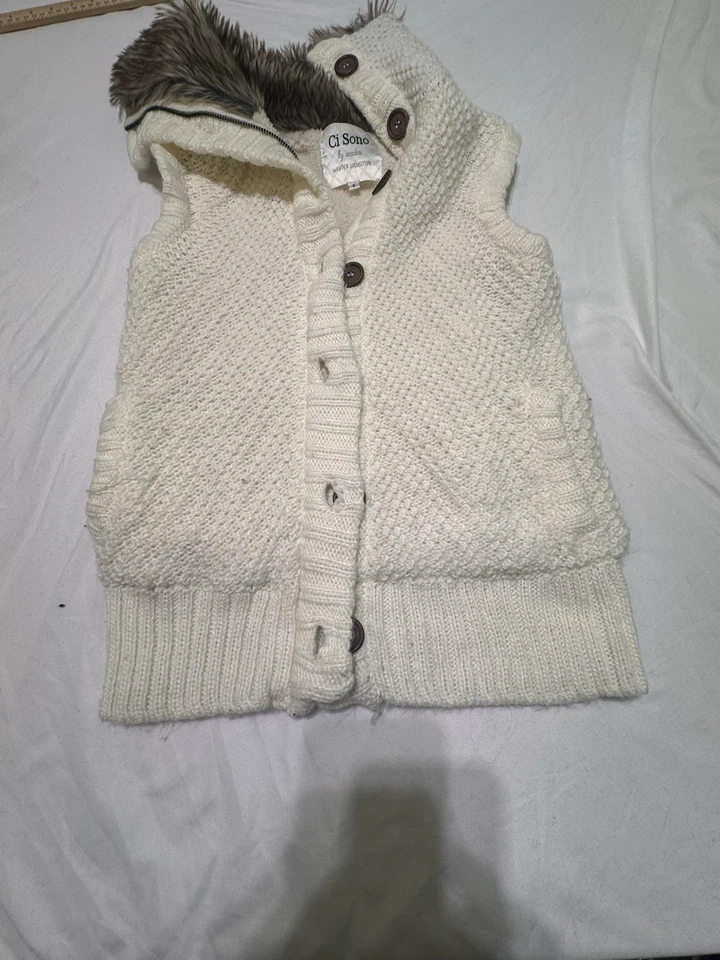 Suéter Ci Sono by Cavalini Mujer S Blanco Tejido con Cable Sin Mangas Bolsillos con Capucha Foto 2 de 4