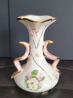 Vintage J&C Jaeger Porcelain Vase Pink Gold Floral Ornate Handles Germany