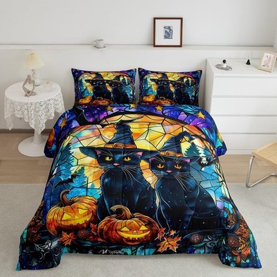Black Cat Comforter Set Queen Size, Witch Hat Pumpkin Lantern Bedding Set 3Pcs