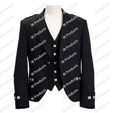 Black Argyle Kilt Jacket with Vest Scottish Argyll 100 Wool Jackets For Men IB