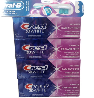 Lot Of 4 Crest 3D White Radiant Mint Fluoride Toothpaste 2.4Oz Exp. 3/27+Toothbr