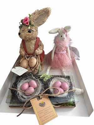 Easter Bunny Decor Bundle - Straw Rabbit,  Pink Tulle Bunny, Decorative Egg Nest