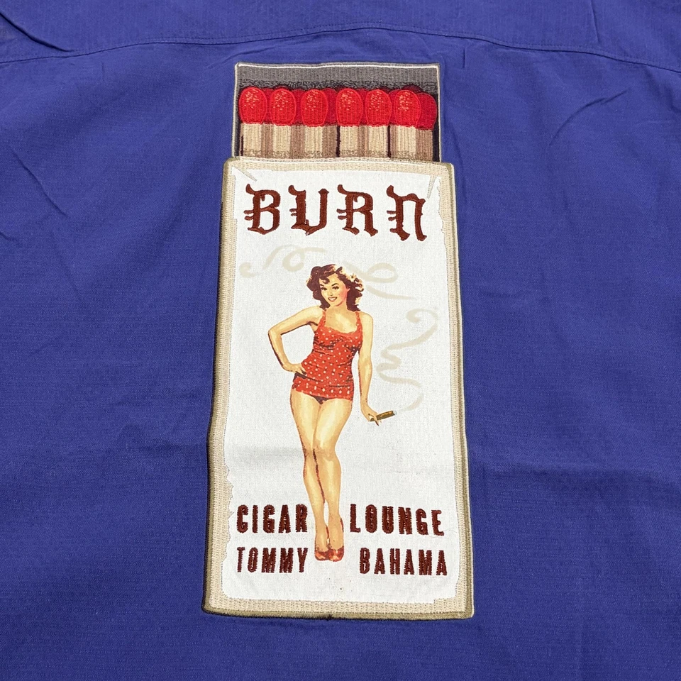 Tommy Bahama Shirt Mens Medium Blue Silk Camp Cigar Lounge Burn Pinup Graphic - Image 3 of 4