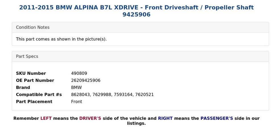 BMW ALPINA B7L XDRIVE 2011-2015 - Eje de transmisión delantero / Eje de hélice 9425906 Foto 3 de 4