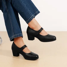 Women Round Toe Mary Jane Shoes Low Chunky Block Heel Ankle Strap Dress Pumps