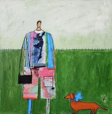 Dog Wiener Painting Original Abstract Man Figure Portrait Fashion 10x10 Art