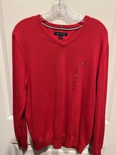 Tommy Hilfiger Men  s Cotton V-Neck Sweater NWT Red Large