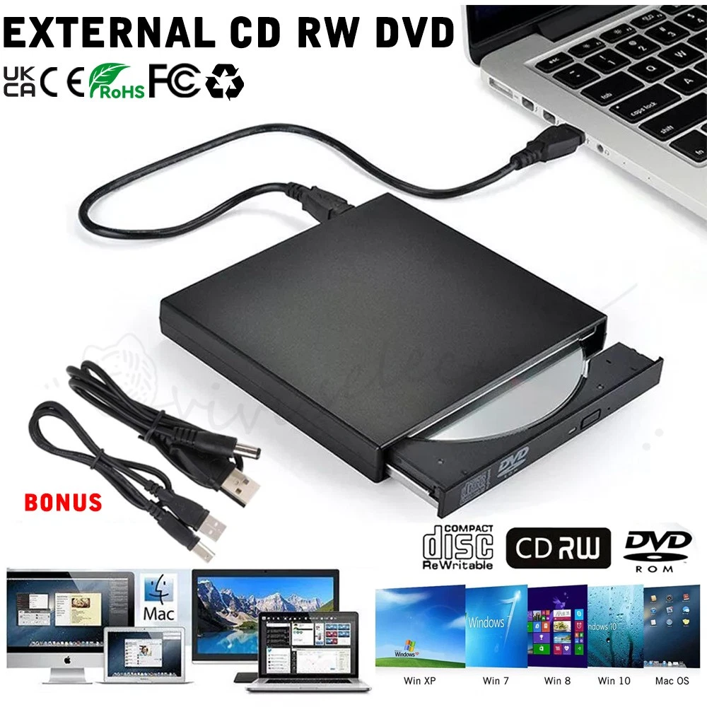 USB External CD DVD ROM Writer Burner Player Drive PC Laptop for Windows Mac
