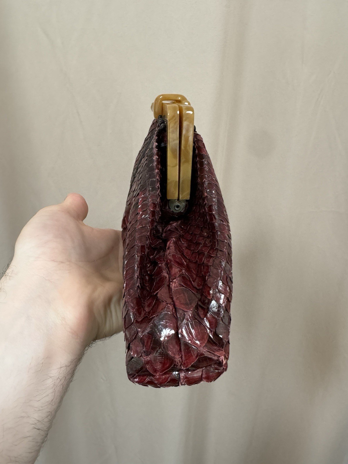 Vintage Handmade Python Snakeskin Bag Burgundy wi… - image 5