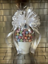 Candy Bouquet Gift Basket With Dum Dum Lollipops & Metal Planter With White Bow