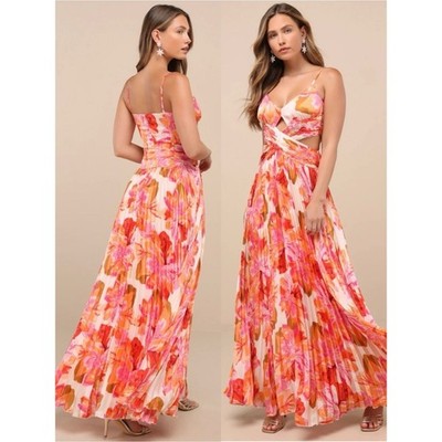 NWT Lulu s Lylee Pink Multi Floral Satin Pleated Maxi Dress Medium Party Chic