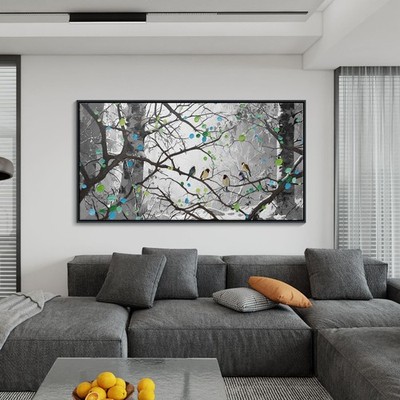 Grey Wall Art - Bird on Branch Misty Wall Decor Forest Canvas Artwork Modern ...