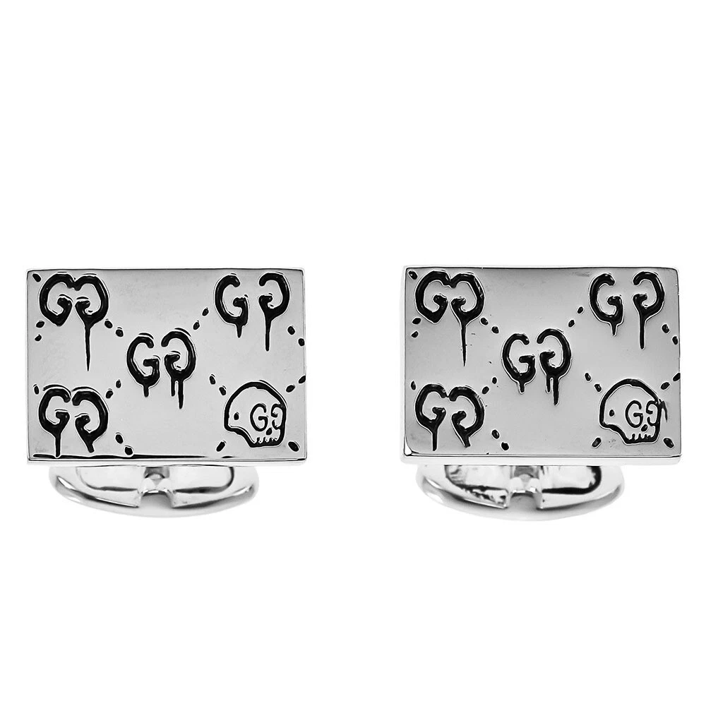 Accessoires boutons de manchette GUCCI logo GG gravé carré fantôme argent sterling NEUF