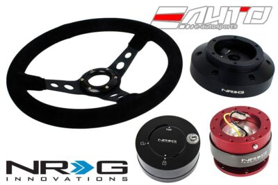 NRG 350mm 3'' Deep Steering Wheel Suede Black St 101H Hub 2.0 Red Release Lock LB