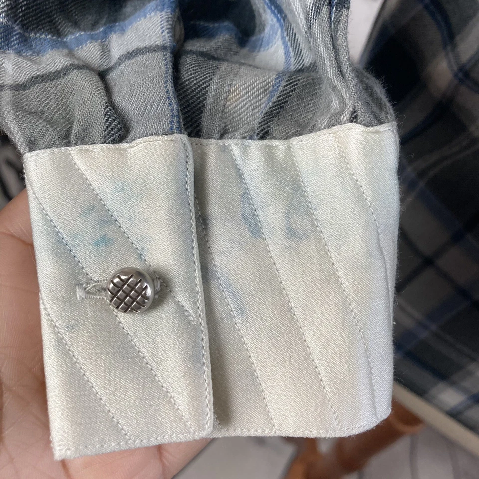 Blusa Gianni Versace Mujer Mediana Años 80 Azul Cuadros Lateral Abotonada De Colección Oficina Foto 4 de 4