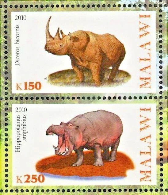 Malawi Africa Rhino Hippo Wild Animal Souvenir Sheet of 2 Stamps Mint NH - Image 4 of 4