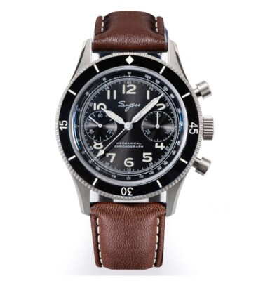 Sugess Chronograph Mechanische Automatik Stahl Schwarz Leder Pilot Herren Uhr