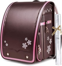 Japanese Randoseru School Backpack Brown Pink Trim Sakura Embroidery Large